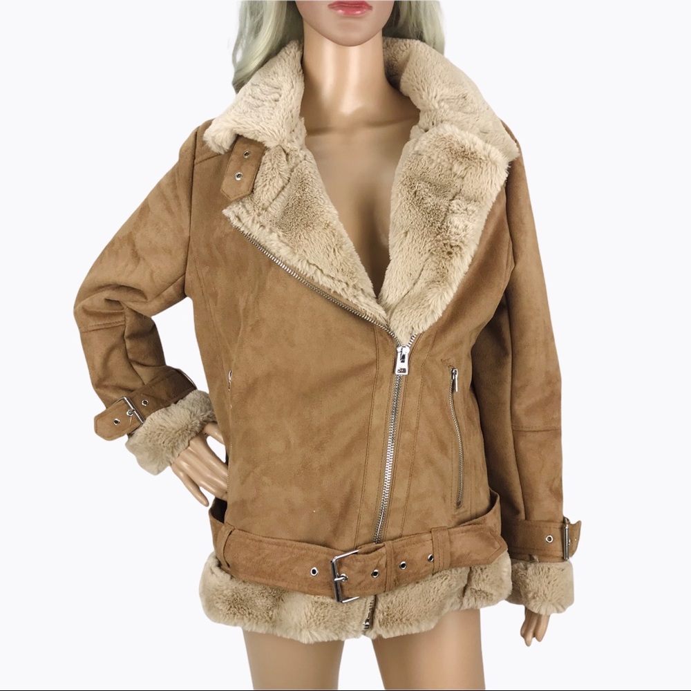 Topshop Jacket Faux Suede Sherpa Fur Moto Jacket Coat Sz 6 Medium